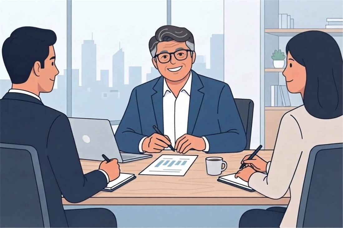 Illustration of an advisor meeting with clients