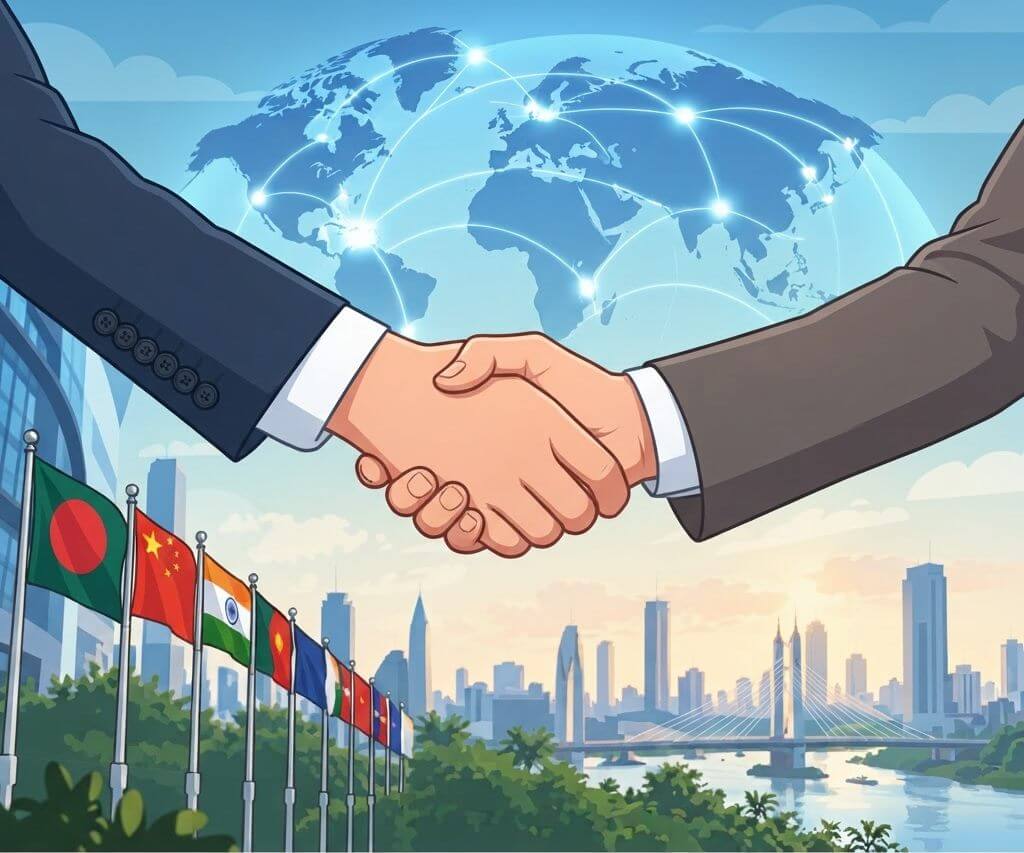 Illustration of an international partnership handshake